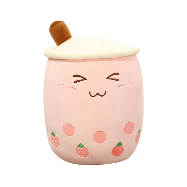 Cartoon Bubble Tea Plush Pillow,Plush Boba Tea Cup Toy Figurine Toy,24/35 cm Cute Bubble Tea Cup Shaped Pillow with Suction Tubes (Pink, Large)