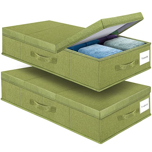 Supowin Underbed Storage Containers Bin with Lids (Set of 2) Large Under Bed Storage Organizer Box with Handle, Foldable Under the Storage Bags for Organizing Clothes, Shoes, Blankets, Pillows-Green - K-Green