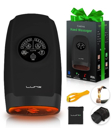 Lunix LX3 Cordless Electric Hand Massager with Compression, 6 Levels Pressure Point Therapy Massager for Arthritis, Pain Relief, Carpal Tunnel and Finger Numbness, Shiatsu Massage Machine with Heat - Black