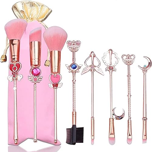 10pcs Sailor Moon Makeup Brushes Set, Kawaii Cosmetic Brushes Pink Make up Brushes Basic Set with Brush Cleaning Mat and Pink Bag Novelty Gift for Girl Women - Style B