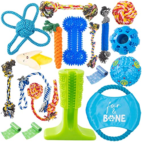 Fur & Bone 18 Pack Dog Chew Toys | Puppy Toys Dog Toys for Boredom | Indestructible Dog Toys with Rope Toys, Squeaky Toy | Dog Toy, Dog Teething Toys for Small & Medium Dogs | Dog - 18 Pack