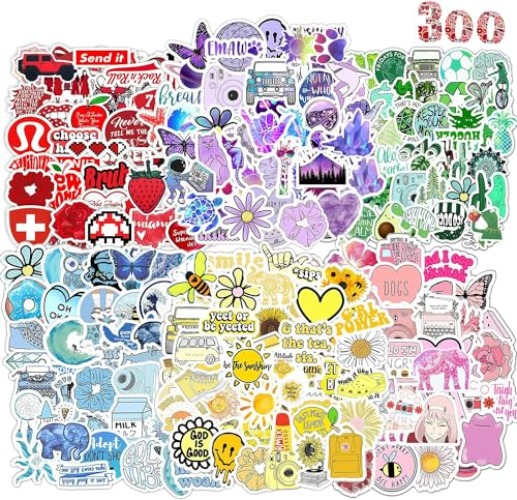 Stickers 300 Pcs Coloured Aesthetic Stickers for Adults Children Teens,Waterproof Vinyl Stickers for Laptop Phone Suitcase Journal Water Bottles Diary Guitar Scrapbook Skateboard iPad Bike MacBook