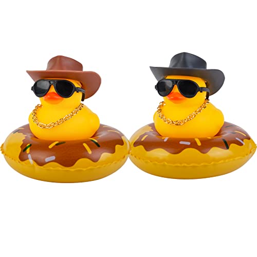 MuMyer Car Rubber Duck 2Pcs Duck Car Dashboard Decorations Yellow Duck Car Ornaments for Car Dashboard Decoration Accessories with Mini Swim Ring Sun Hat Necklace and Sunglasses - Cowboy Hat-black&brown