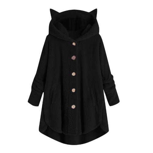 Cute Hooded Coats for Teen Girl Plush Fleece Jackets Womens Button Down Cardigan Sweater Cozy Warm Overcoat with Pocket - Black Large
