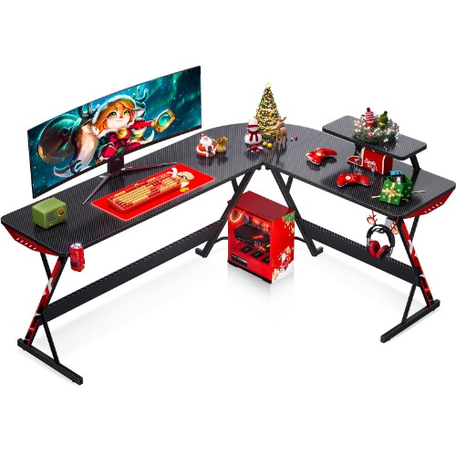 MOTPK L Shaped Gaming Desk, Gaming Table L Shape, Computer Desk for Gamer with Monitor Shelf, Cup Holder & Headphone Hook, Corner Gaming Desk with Carbon Fiber Texture, Black - 66 * 47 Inch Black