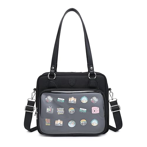 CHERRY SAUCE Oxford Ita Bag Crossbody Shoulder Bag Satchel Messenger Backpack Multi-Purpose Pins Display - Black