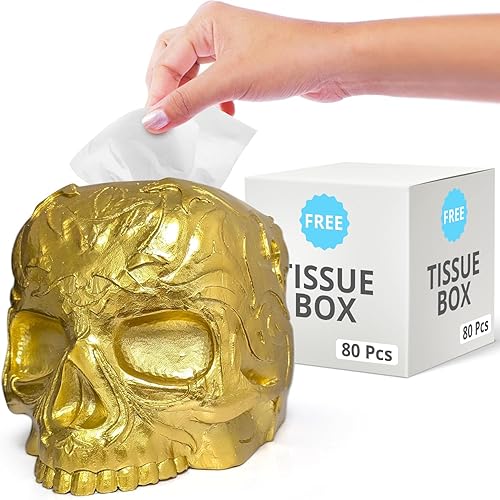 Death Decor Tissue Box Cover Skull Gothic Decor for Countertop, Vanity, Dresser, Office, Spooky Art, Tissue Holder, Dispenser, Fits Most Square Tissue Boxes (Gold) - Gold