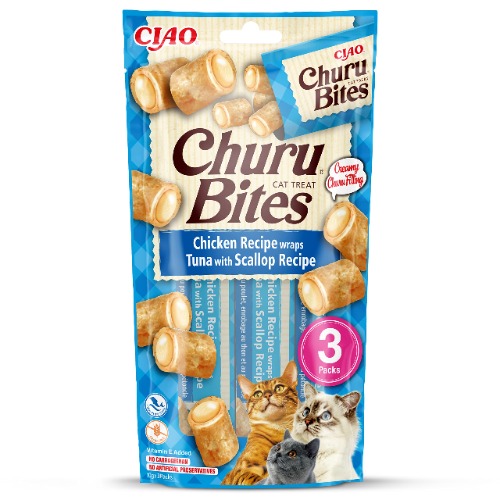 INABA Churu Bites - Cat Treats to Feed from The Hand - Crunchy Pockets with Creamy Filling… (Scallop, 3 Packs)