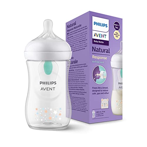 Philips Avent Biberón Natural Response: biberón de 260 ml con sistema AirFree, sin BPA, para recién nacidos a partir de 1 mes, estampado Oso (modelo SCY673/82) - Oso - con sistema AirFree