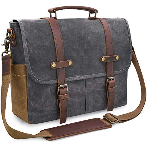 Mens Messenger Bag 15.6 Inch Waterproof Vintage Genuine Leather Waxed Canvas Briefcase Large Satchel Shoulder Bag Rugged Leather Computer Laptop Bag, Grey - Grey