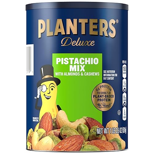 PLANTERS Pistachio Nuts Lovers Nut Mix with Pistachios no shell, Almonds & Cashews, Party Snacks, Plant-Based Protein, After School Snack, Bulk Nuts, Kosher 1lb 2.5oz - Salted - 1.15 Pound (Pack of 1)