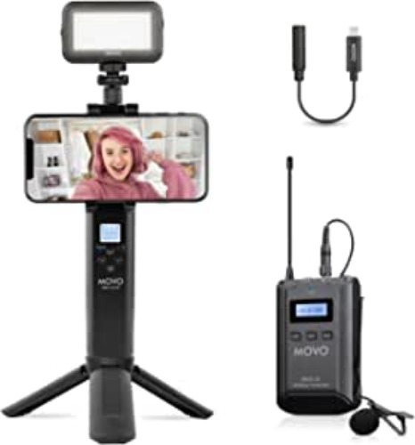 Movo iVlog6 Vlogging Kit for iPhone, Smartphone with Integrated Wireless UHF Lavalier Microphone System, LED Video Light, Tripod Stand - Vlog Equipment for Content Creation, Filmmaking, Youtube & more