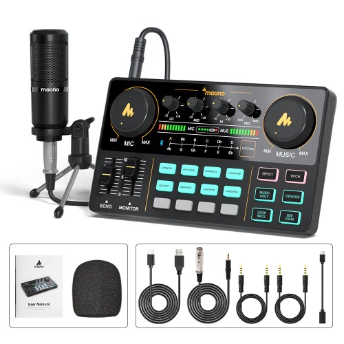 Podcast Equipment Bundle-MAONO MaonoCaster Lite -Audio Interface-All in One-Podcast Production Studio with 3.5mm Microphone for Live Streaming, Podcast Recording, Youtube, PC, Smartphone (AU-AM200-S1)