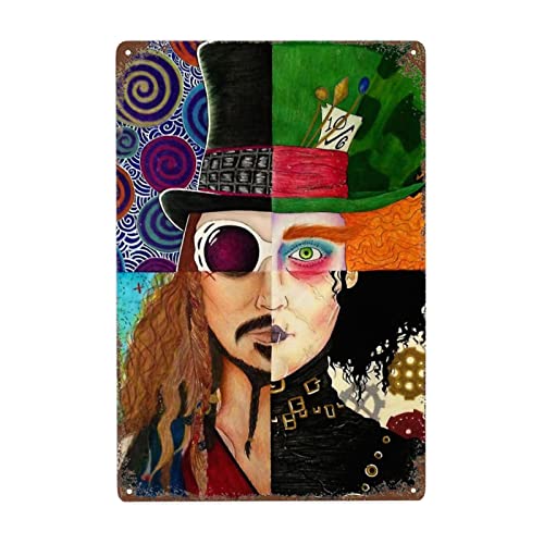 liangh Classic Vintage Metal Tin Signs Movie Characters Collage Tin Painting Decor Featuring Willy Wonka Mad Hatter Jack Sparrow Edward Scissorhands, White, One Size