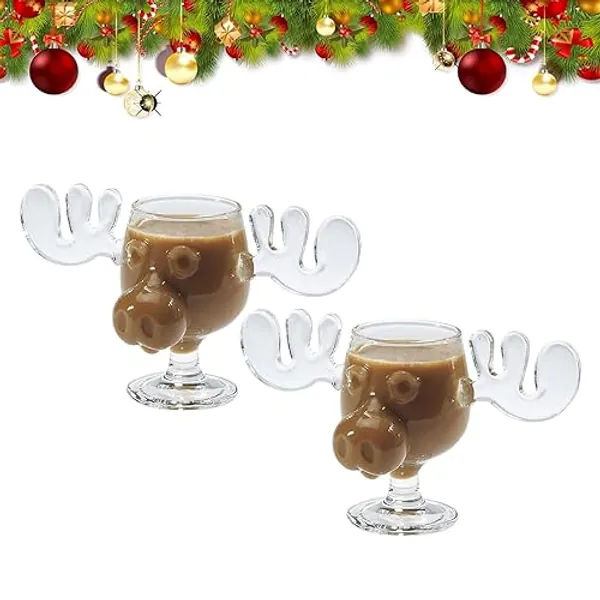 Udbeksid Moose Mug Christmas – Weihnachtsgläser mit Elchmotiv, Klar Glas, für Kaffee, Tee & Getränke, Perfekt für Weihnachtsurlaub, Dekoration für Feiertage(2 STK) - 2 Stk
