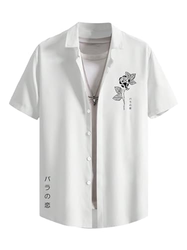 OYOANGLE Men's Graphic Print Japanese Letter Short Sleeve Button Down Shirt Top - Large - White Floral