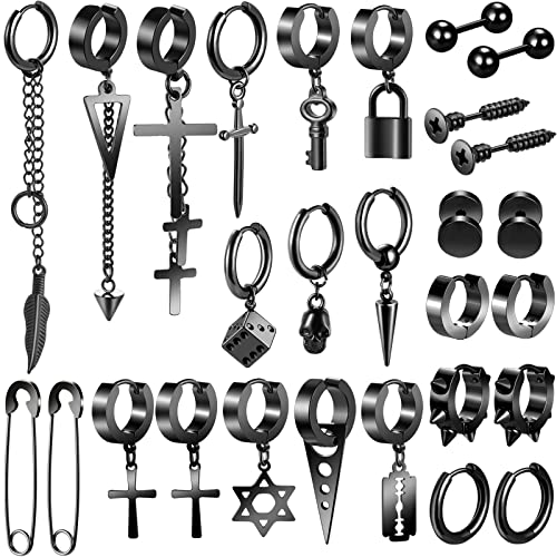 Black Cross Earrings for Men, 28 Pieces Stainless Steel Long Chain Dangle Piercing Hoop Earrings Set for Gifts - Black