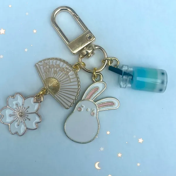 Anime Sleepy bunny boba fan keyring bag ring  planner charm phone lucky hobi kawaii blossom cute Korean air milk carton tea sakura