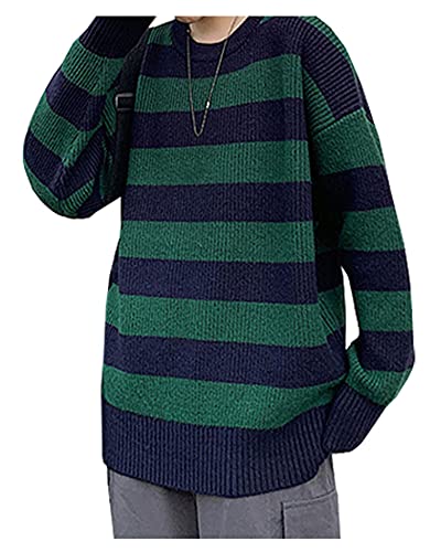 LifeShe Women's Men Striped Sweater Pullovers Oversized Knitted Jumpers Sweatershirts Streetwear - X-Large - Green