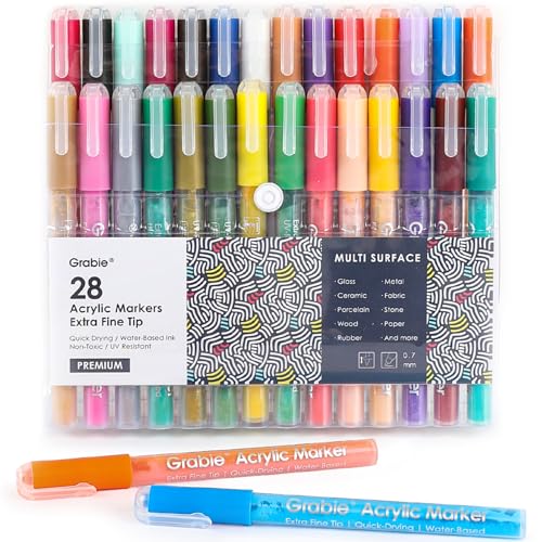 Grabie Acrylic Paint Pens, Acrylic Paint Markers, 28 Colors, 0.7 mm, Extra Fine Tip Paint Markers, Premium Paint Pens for Painting on Various Surface, Acrylic Paint Set, Art Supplies for Acrylic Paint - 28 Colors Extra Fine Tip Acrylic Markers