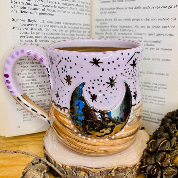 moon mug, pink galaxy mug, witch mug, wicca coffee mug, starry mug, silver coffee cup, handmade art mug, crescent moon mug, moon phase mug