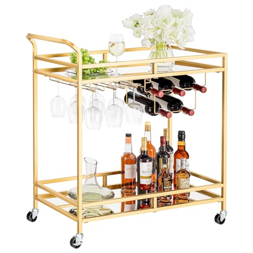 YORKING 2-Tier Bar Cart, Gold Bar Cart with Wine Rack and Glasses Holder, Home Bar Serving Cart with Heavy Duty Lockable Wheels, Guard Rails, Drink Cart for Living Room, Kitchen, Party - Steel Glass - Steel