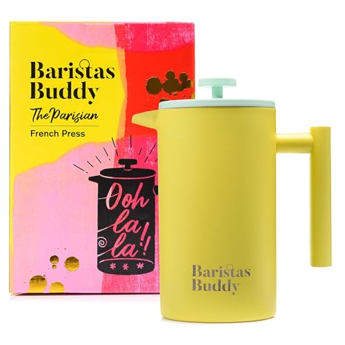 BaristasBuddy Yellow French Press Coffee Maker - Colorful, Retro And Stylish Insulated Coffee Brewer - Large Size Brews 4 Cups - Yellow