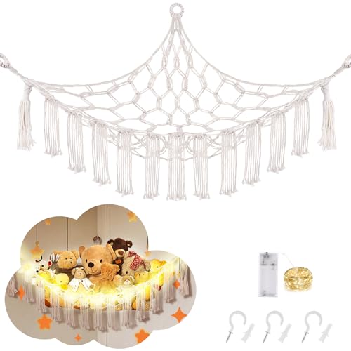 CERETIA Stuffed Animal Hammock with LED Light, Toy Hammock for Stuffed Animals Storage for Kids Room Decor, Stuffed Animal Hammock Corner, White - Large-(Package of 1) - White