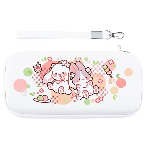 PAWSWORLD Cute Switch Carrying Case Compatible with Nintendo Switch/Switch OLED Portable Travel Storage Bag for Switch Console Controller & Game Accessories, with Removable Wrist Strap - Pink Bunny - Pink Bunny