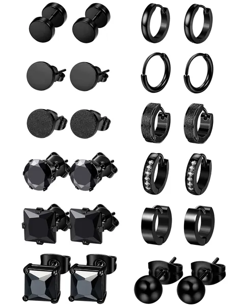 Jstyle 12 Pairs Stainless Steel CZ Stud Earrings for Women Mens Huggie Hoop Earrings