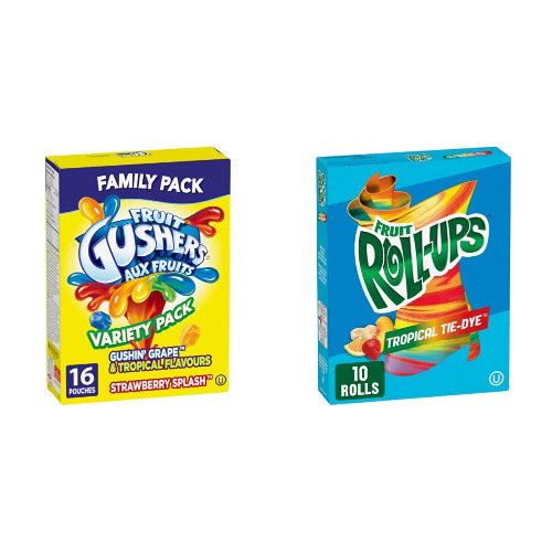 Betty Crocker Gluten Free Gushin Grape and Tropical Flavours/Strawberry Splash Variety Pack, 16 Count & Gluten Free Fruit Roll-Ups Tropical Tie-Dye, 10 Count - Fruit Snacks + Fruit Roll-Ups, 141 Grams