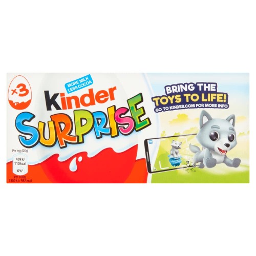 Kinder Surprise Chocolate Eggs, Chocolate Gift, Fine Milk Chocolate Shell with Milky White Lining, Contains Gift Toy, Pack of 3 x 20g