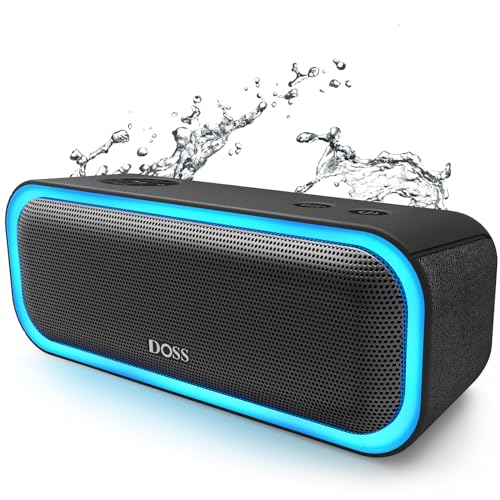 DOSS SoundBox Pro Bluetooth Speaker with 20W Stereo Sound, Active Extra Bass, IPX6 Waterproof, Bluetooth 5.0, TWS Pairing, Multi-Colors Lights, 20 Hrs Playtime, Portable Speaker for Beach, Outdoor - Black