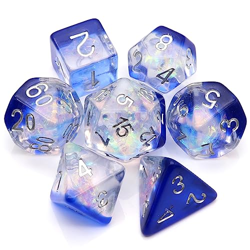 Haxtec Resin DND Dice Set 7PCS Blue Clear Iridecent Mylar Polyhedral D&D Dice for Roleplaying Dice Games as Dungeons and Dragons-Blue Clear Galaxy - Blue Clear Galaxy