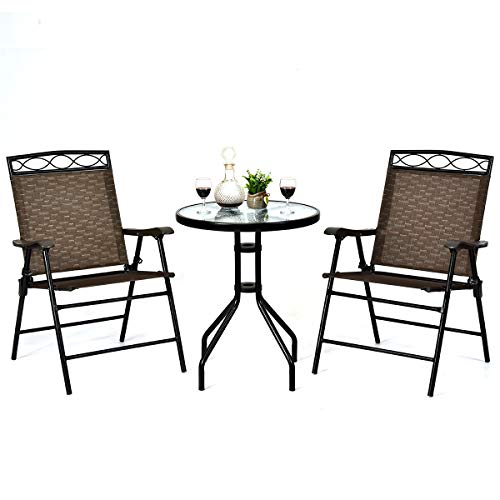 Giantex Patio Dining Set Round Glass Table with 2 Patio Folding Chairs, Outdoor Table and Chairs for Garden, Pool, Backyard, Tempered Glass Tabletop with Umbrella Hole (Brown) - Brown