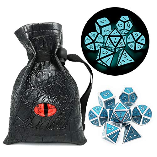 Haxtec Glow in The Dark Metal Dice Set D&D Glowing Blue Silver W/Dragon Dice Bag 7 Die D&D Dice Set for Dungeons and Dragons RPG - Silver Glowing Blue