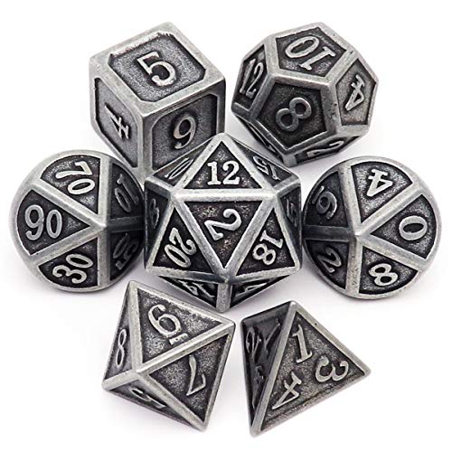 Haxtec Antique Iron Metal DND Dice Set Silver D&D Polyhedral Dice W/PU Leather Dice Bag for Dungeons and Dragons Gift TTRPG - Antique Iron
