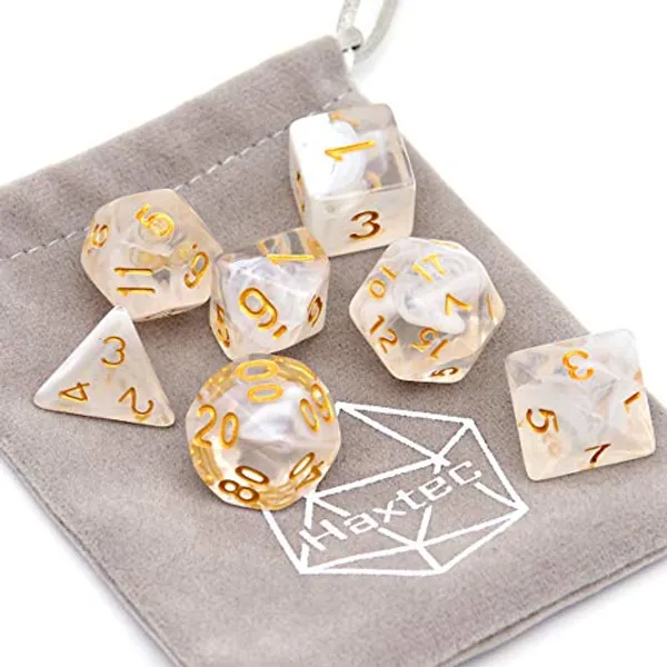 Haxtec 7PCS DND Dice Set Polyhedral D&D Dice of D20 D12 D10 D8 D6 D4 for Dungeons and Dragons TTRPG Games (White Cloud-Gold Numbers)