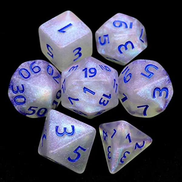 Haxtec DND Dice Iridescent Glitter Blue Numbers Polyhedral D&D Dice for RPGs-Milky Way