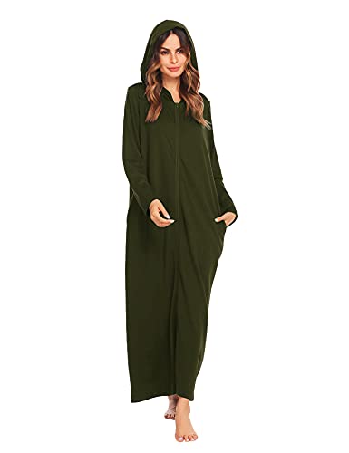Ekouaer Robe for Women Zipper Robe Loungewear Full Length Sleepwear Pockets Housecoat Casual Straight Robe - X-Large - A-army Green