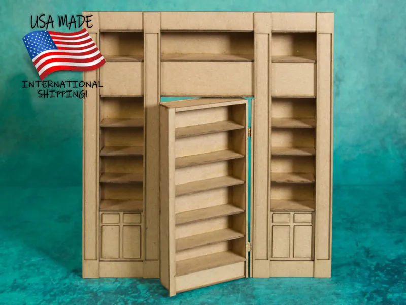 Hidden Door Library Wall with Hinged Door (LBH) - 9.25" x 9.75" chip board - for Dollhouse, Diorama, Book Nook