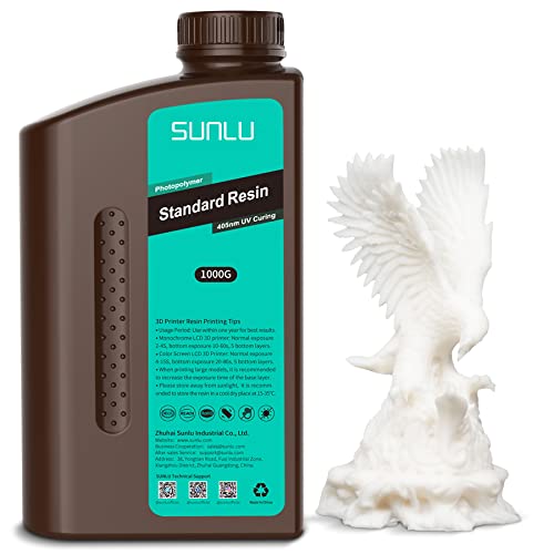 SUNLU 3D Printer Resin 1kg, Fast Curing Standard 3D Resin for LCD DLP SLA Resin 3D Printers, 395 to 405nm UV Curing 3D Printing Liquid Photopolymer Resin, Low Shrinkage, High Precision, 1000g, White - 1kg White