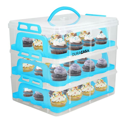 DuraCasa Cupcake Carrier, Cupcake Holder - Premium Upgraded Model - Store up to 36 Cupcakes or 3 Large Cakes - Stacking Cupcake Storage Container - Cookie, Muffin or Cake Carrier (Blue, Three Tier) - Blue - Three Tier