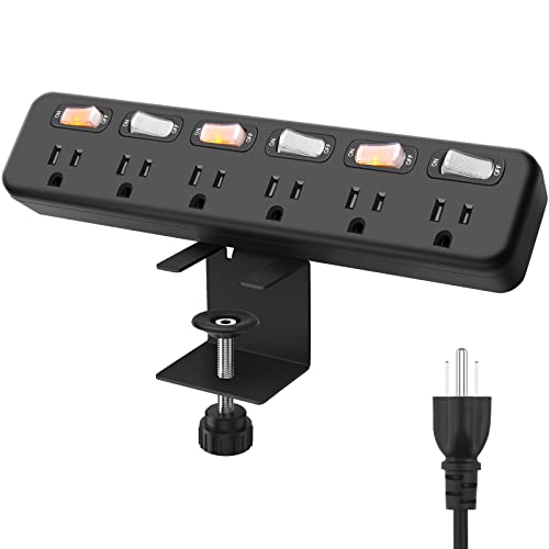 Desk Clamp Power Strip Individual Switches, JUNNUJ 6 Outlet 800J Surge Protector Clamp Outlet Desktop Removable Table Desk Mount Clamp Socket, Tabletop Edge Power Station 6FT Power Cord - 6FT - Black