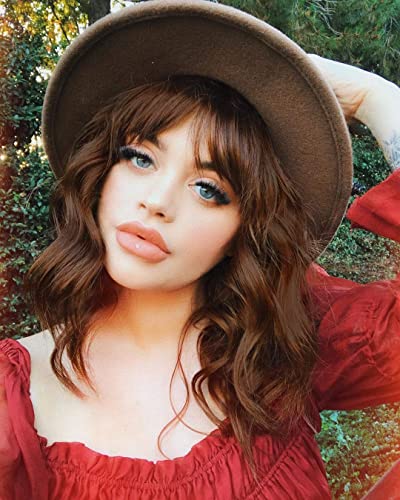 AISI HAIR Synthetic Short Curly Wavy Bob Wig With Bangs Natural Looking Auburn Brown Short Bob Wavy Hair Wigs for Women Heat Resistant Bob Wigs - auburn brown