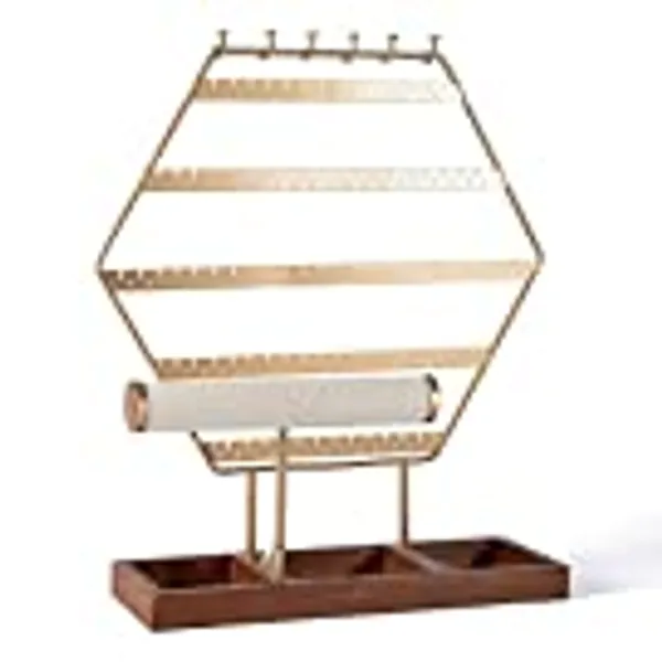 QILICHZ Earring Holder Stand Earring Organizer 6-Tier Earring Stand Hexagonal Jewelry Stand Jewelry Holder Jewelry Organizer with Wooden Tray for Jewelry Storage and Showcase (Gold 6-Tier)
