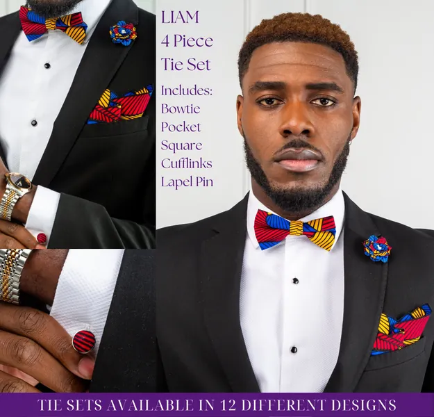 Mens African Formal And Casual Bow Tie African Kente Ankara Groomsmen Bow Tie Set 4 Pieces - LIAM