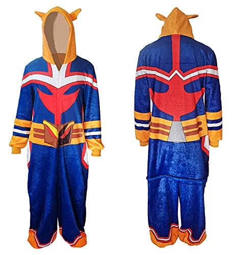 ChenRong MHA All Might Onesie Hooded Sleepwear Cosplay Costume Pajamas Flannel Jumpsuit for Unisex - Small - Blue