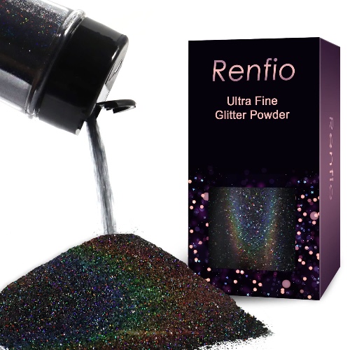 Renfio Holographic Ultra Fine Glitter Powder Metallic Resin Glitter 1.75 Oz (50g) PET Flakes Crafts Sequins 1/128" 0.008" 0.2mm Epoxy Chips Flakes for Tumblers Slime - Laser Black - A-Laser Black