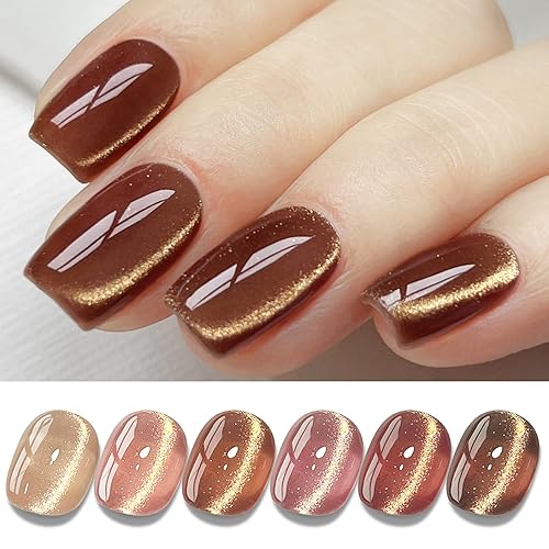 Double Rhythm Cat Eye Gel Nail Polish Set of 6 Colors Shimmer Glitter with Magnet 9D Holographic Reflective Magnetic Nail Polish Kit (Coffee Brown Red Plum Pink Purple-Kit 42) - Ice Coffee